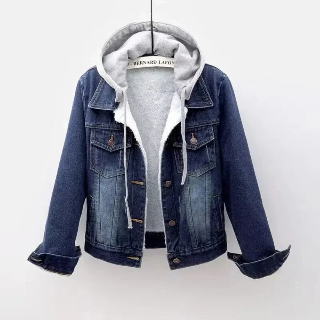 Blue sherpa-lined denim hoodie jacket with detachable fleece hood, urban cold-weather style