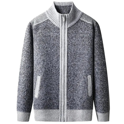 Men's textured knit zip-up cardigan with high ribbed collar and full-zip closure