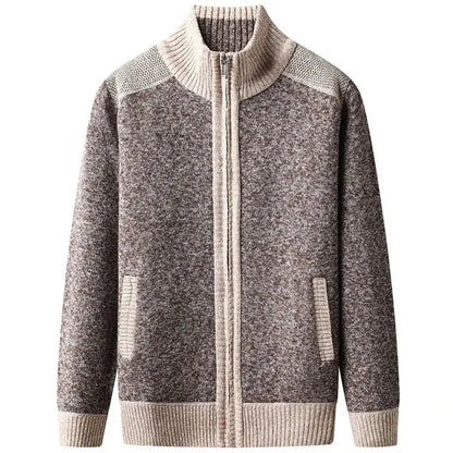 Men's gray textured knit zip-up cardigan with high ribbed collar and full-zip closure