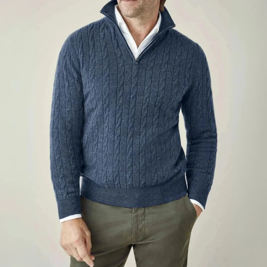 Carlo cable knit quarter zip sweater with classic textured cables, versatile layering piece for refined casual style
