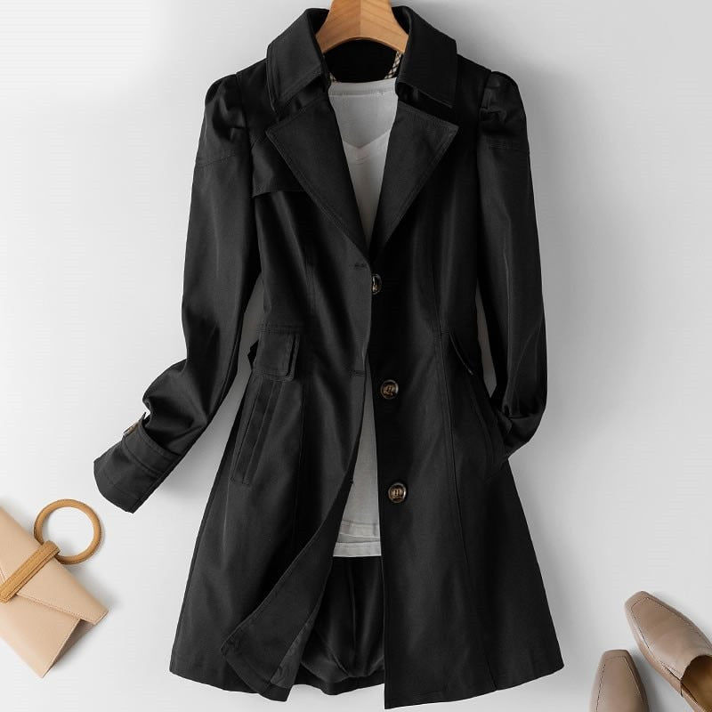 Women's beige lightweight trench coat classic mid-length cut with water-repellent finish and button closure