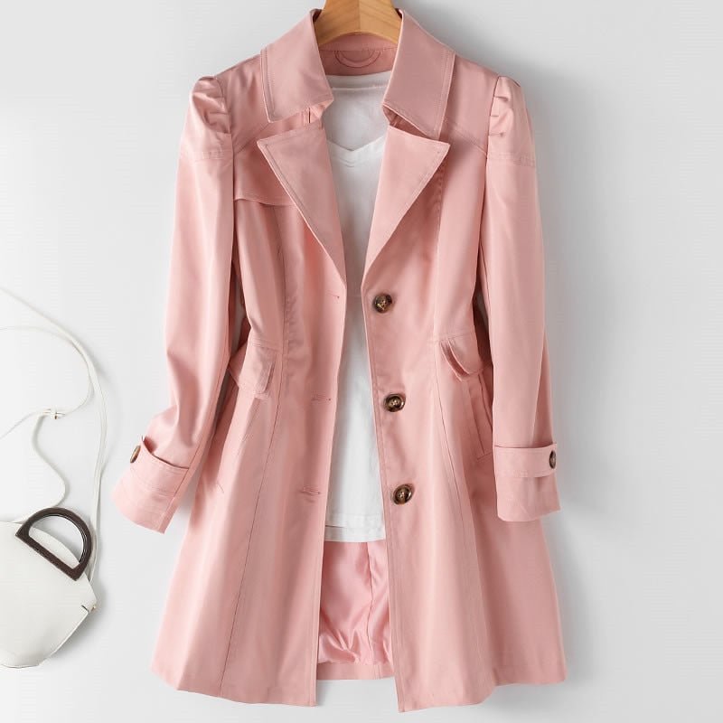 Women's beige mid-length trench coat classic cut lightweight water-repellent with button closure