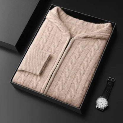 Cream wool blend cable knit hoodie sweater with full-zip closure and ribbed cuffs
