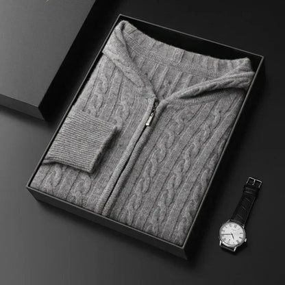 Cream cable knit wool blend hoodie sweater with full-zip closure and functional hood