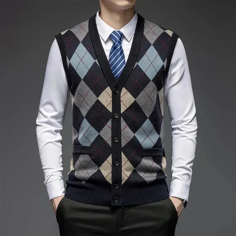 Classic argyle knit wool vest with diamond pattern, button-up front, tailored fit, stretch-rib hem