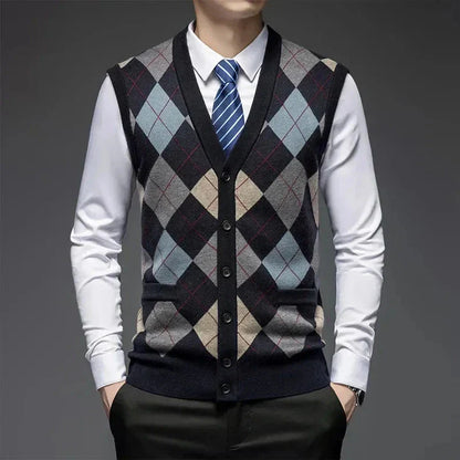 Classic argyle knit wool vest with diamond pattern, button-up front, tailored fit, stretch-rib hem