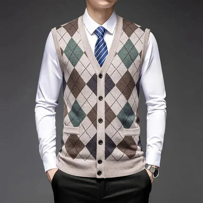 Classic argyle knit wool vest with diamond pattern, tailored fit, and button-up front
