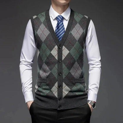Classic argyle knit wool vest with diamond pattern, button-up front, tailored fit, stretch-rib hem