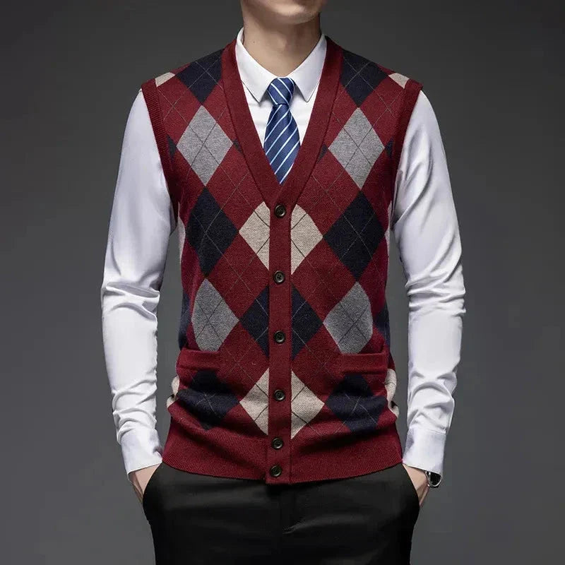 Classic argyle knit wool vest with diamond pattern, tailored fit, and button-up front