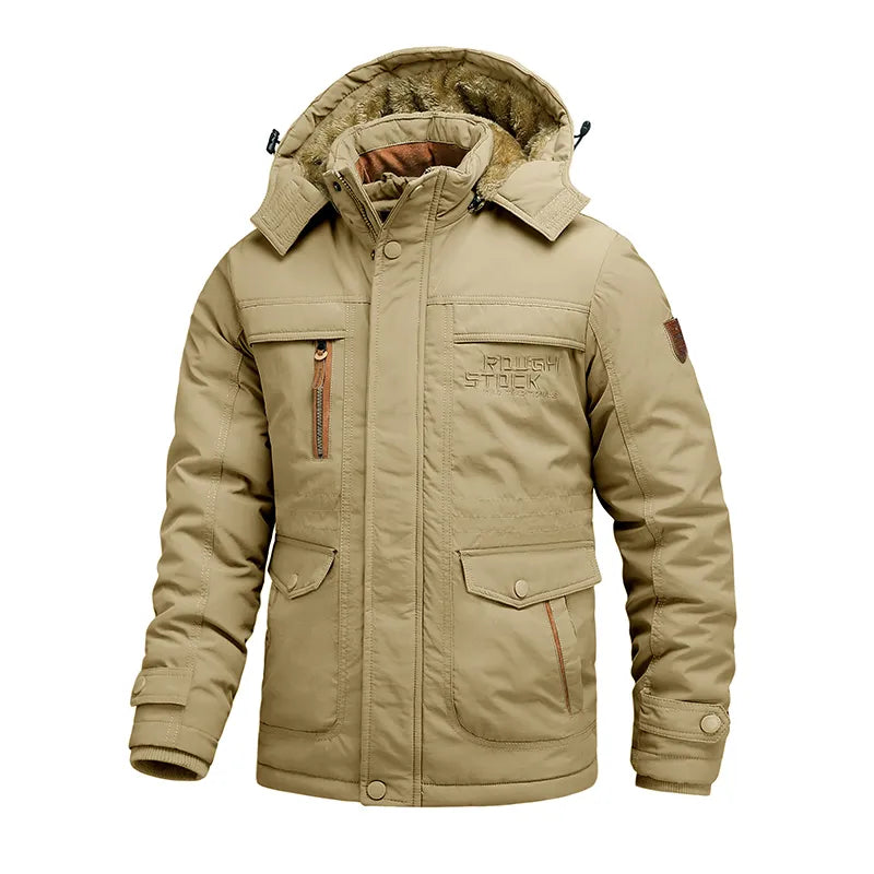 Men's windproof insulated hooded winter jacket by Orsenvi with multiple utility pockets for active men