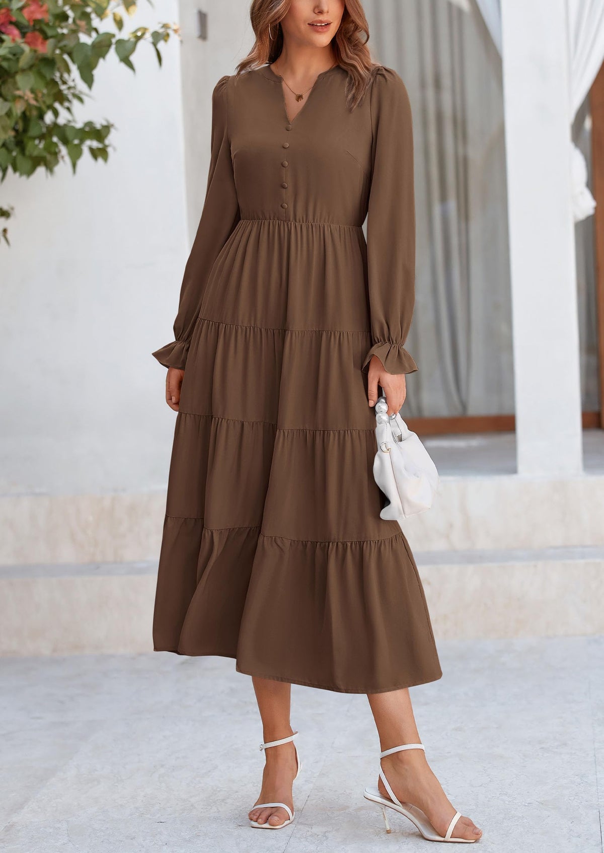 Brick Red Swiss Dot Smocked Tiered Maxi Dress - Long Sleeve, photo 91