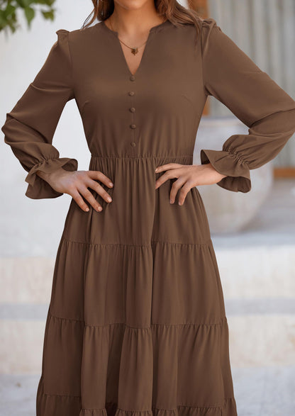 Brick Red Swiss Dot Smocked Tiered Maxi Dress - Long Sleeve, photo 92