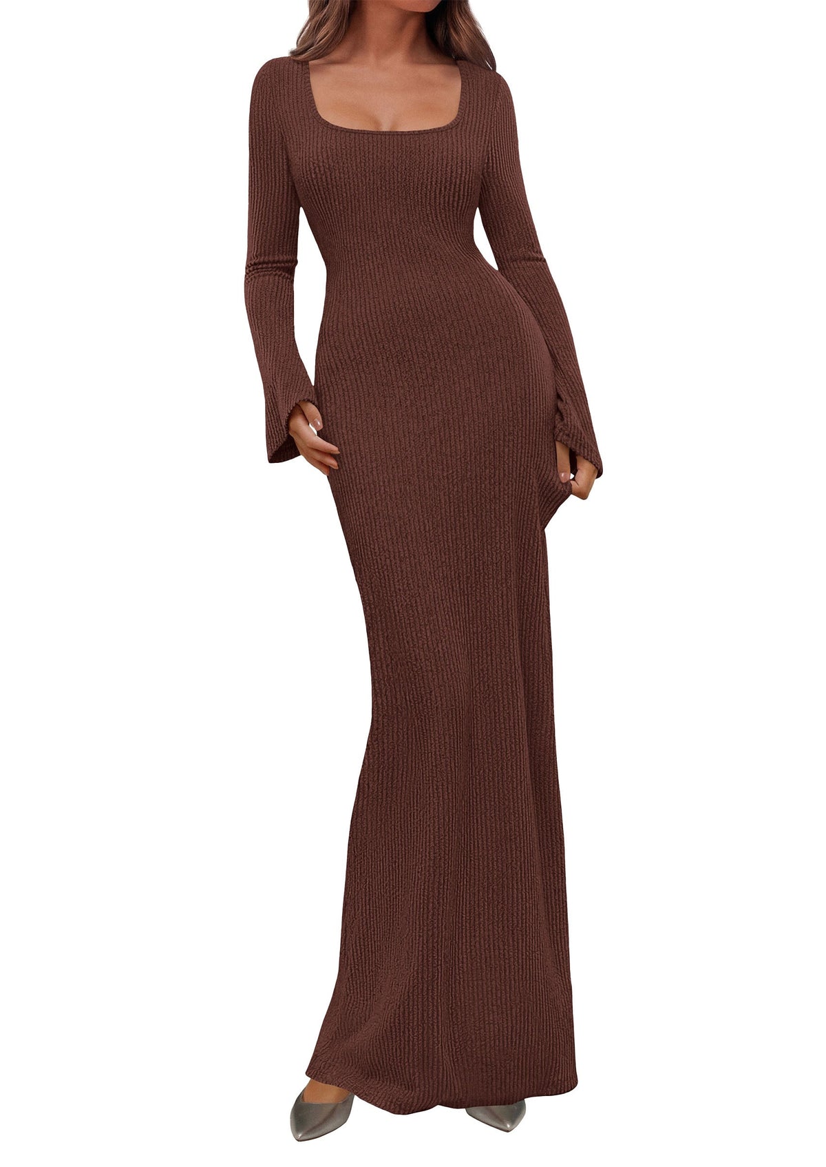 Ribbed Knit Bodycon Mermaid Maxi Dress - Long Sleeve, Square - Photo 25