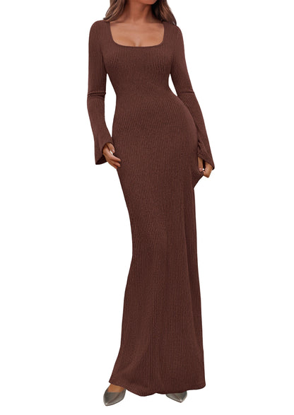 Ribbed Knit Bodycon Mermaid Maxi Dress - Long Sleeve, Square - Photo 25