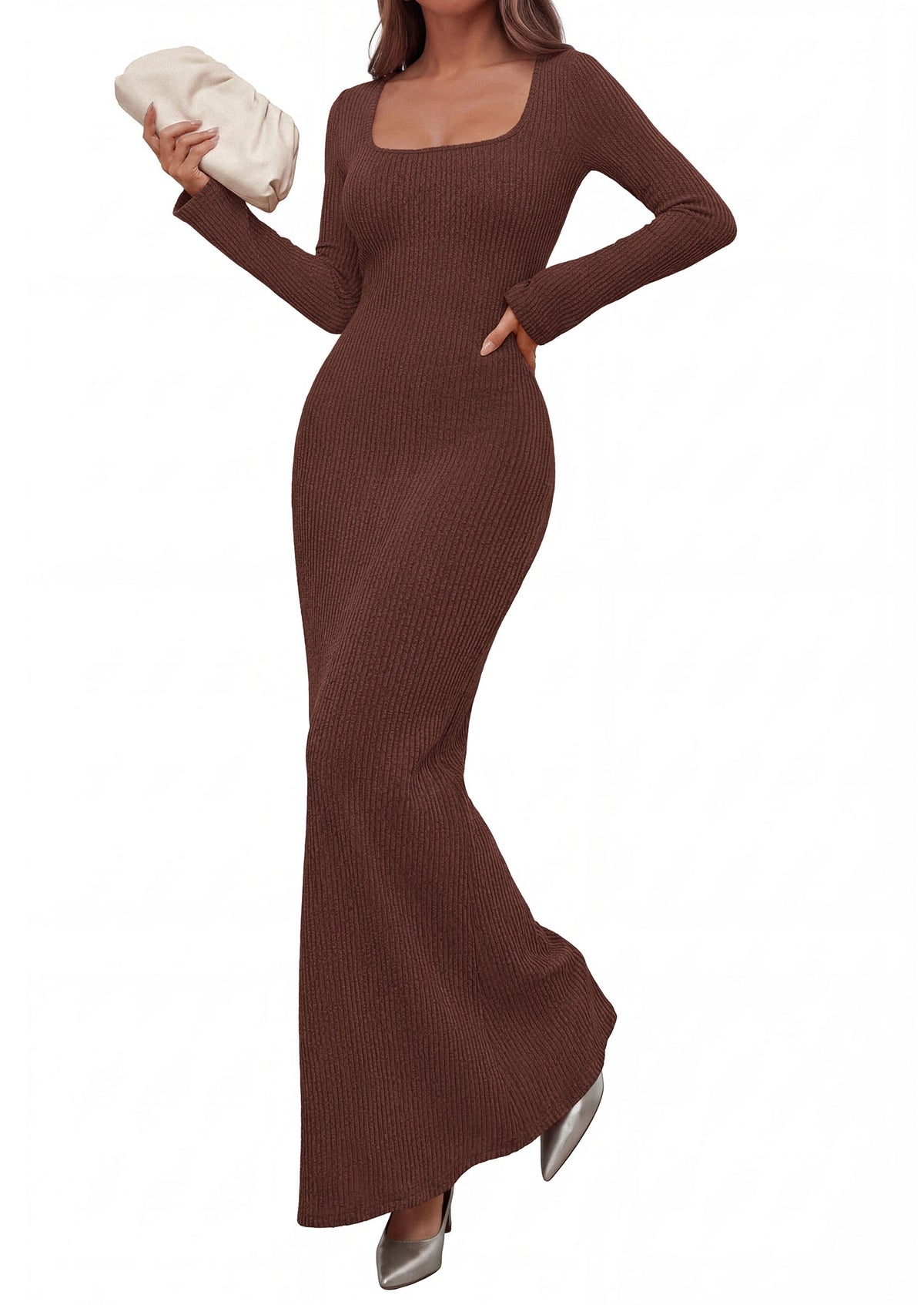 Ribbed Knit Bodycon Mermaid Maxi Dress - Long Sleeve, Square - Photo 26