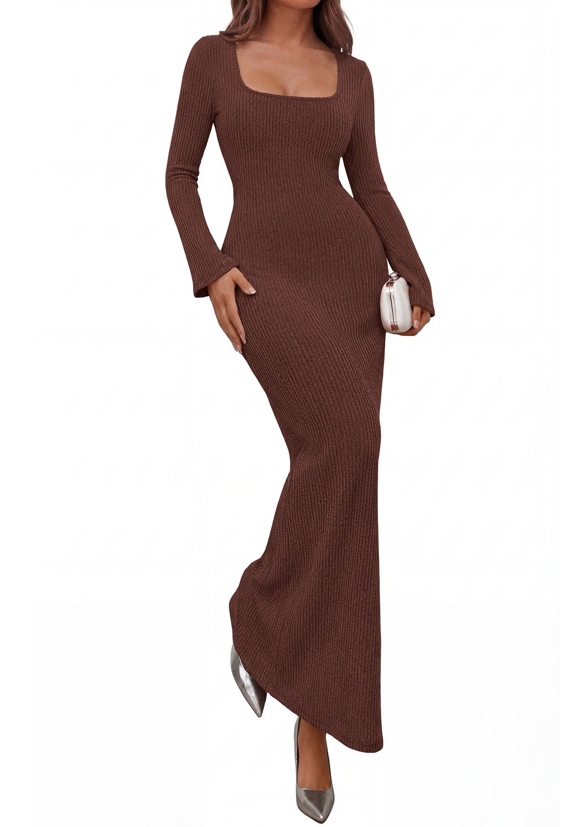 Ribbed Knit Bodycon Mermaid Maxi Dress - Long Sleeve, Square - Photo 27