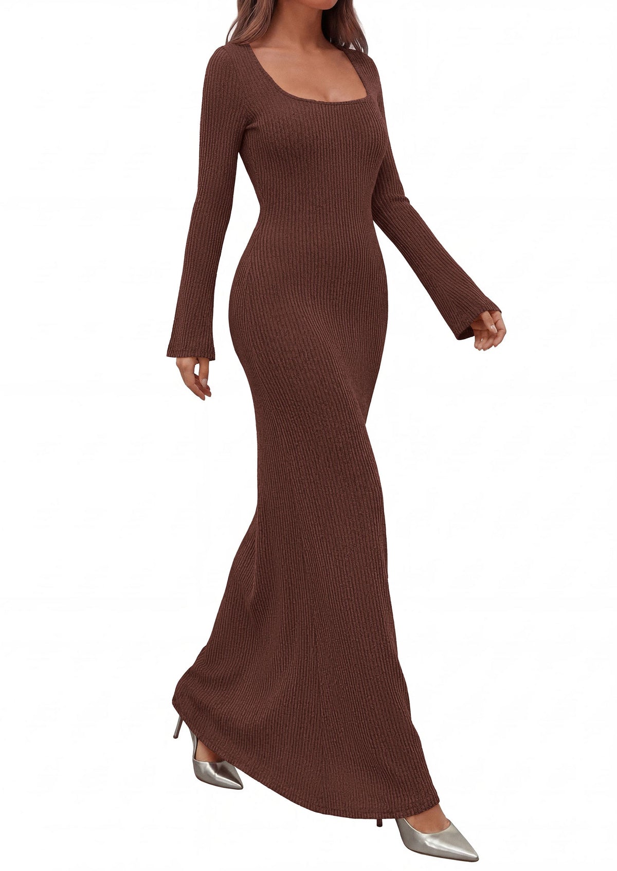 Ribbed Knit Bodycon Mermaid Maxi Dress - Long Sleeve, Square - Photo 28