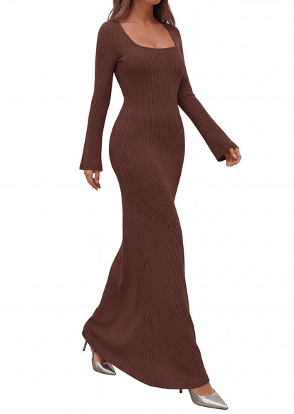Ribbed Knit Bodycon Mermaid Maxi Dress - Long Sleeve, Square - Photo 28