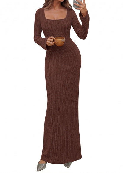 Ribbed Knit Bodycon Mermaid Maxi Dress - Long Sleeve, Square - Photo 29
