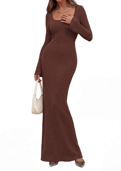 Ribbed Knit Bodycon Mermaid Maxi Dress - Long Sleeve, Square - Photo 30