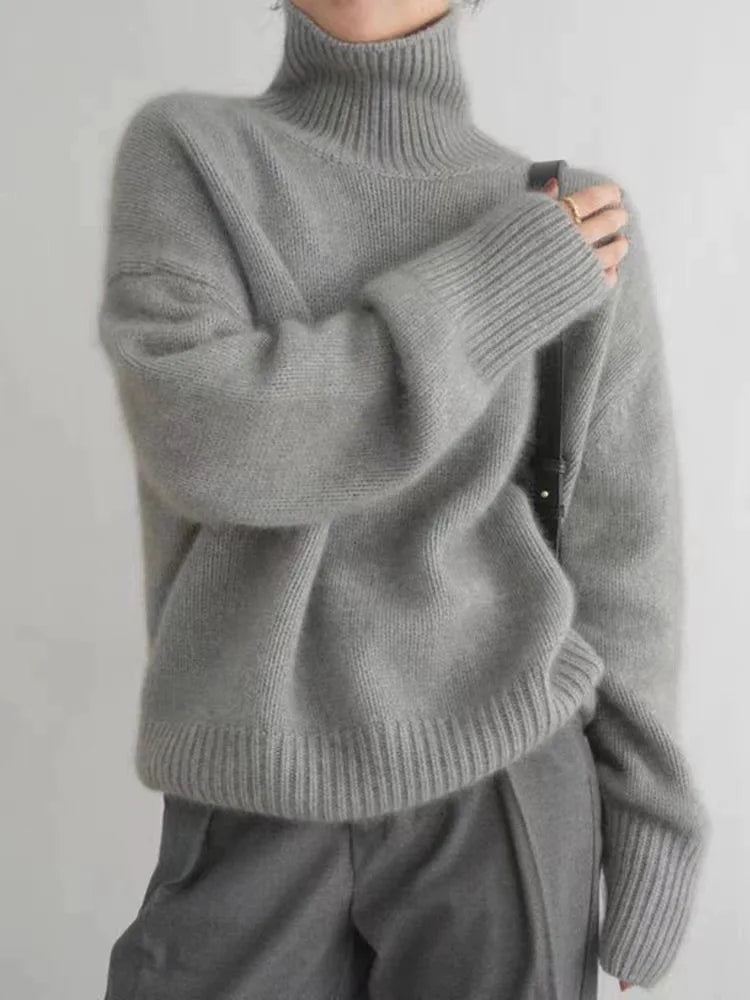 Chloe™ women's high collar sweater in neutral tone, cozy knit with elegant neckline