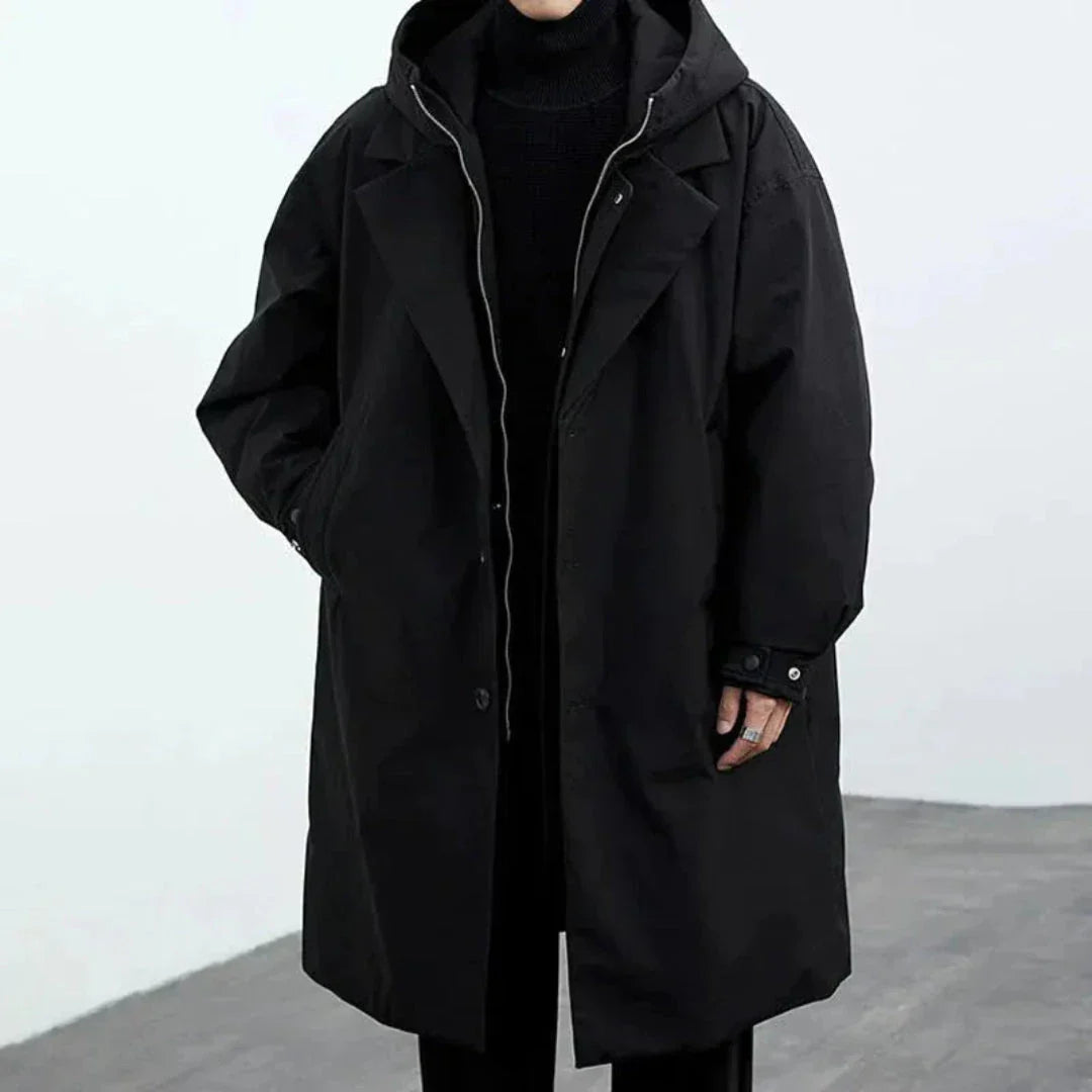 Oversized hooded trench coat beige windbreaker mid-thigh silhouette with detachable hood