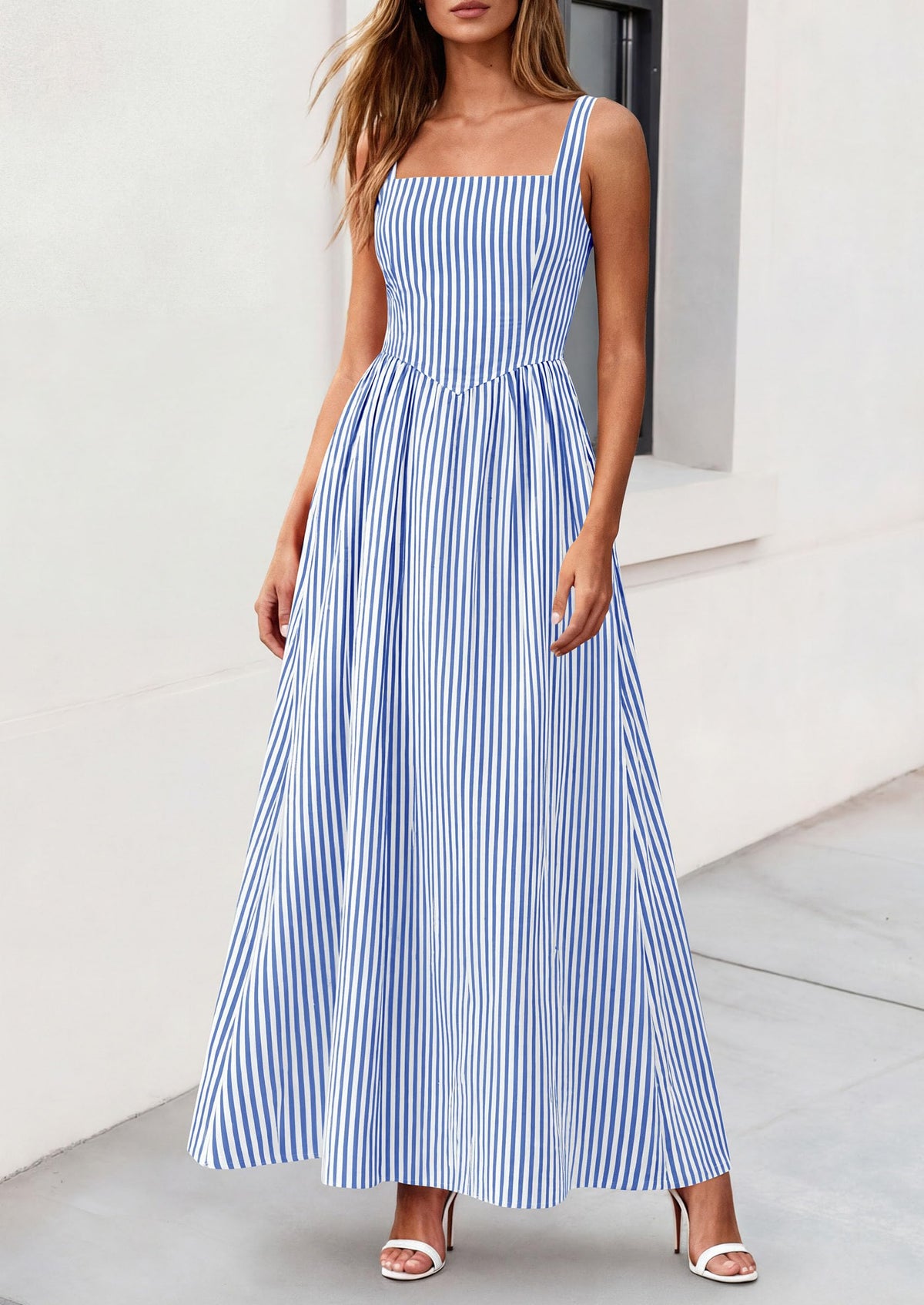 Striped Smocked A-Line Maxi Dress - Sleeveless, Square Neck, photo 47