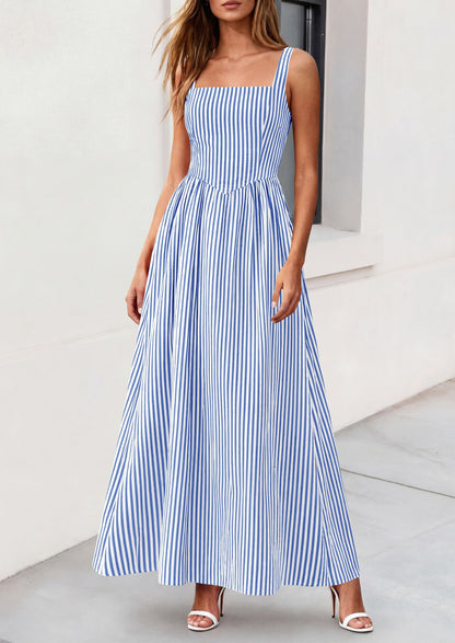 Striped Smocked A-Line Maxi Dress - Sleeveless, Square Neck, photo 47