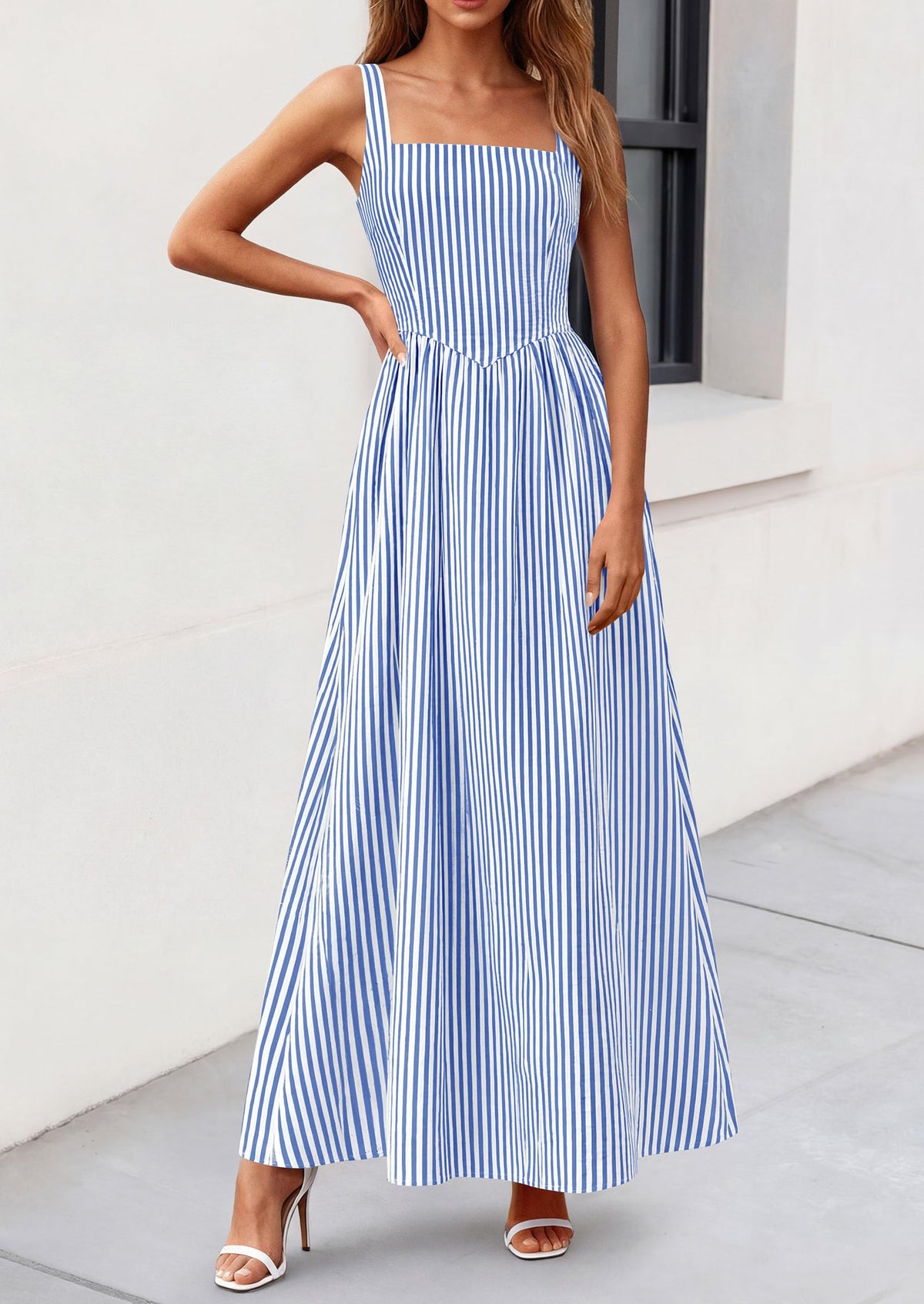 Striped Smocked A-Line Maxi Dress - Sleeveless, Square Neck, photo 46