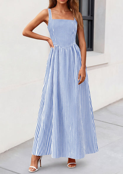 Striped Smocked A-Line Maxi Dress - Sleeveless, Square Neck, photo 46