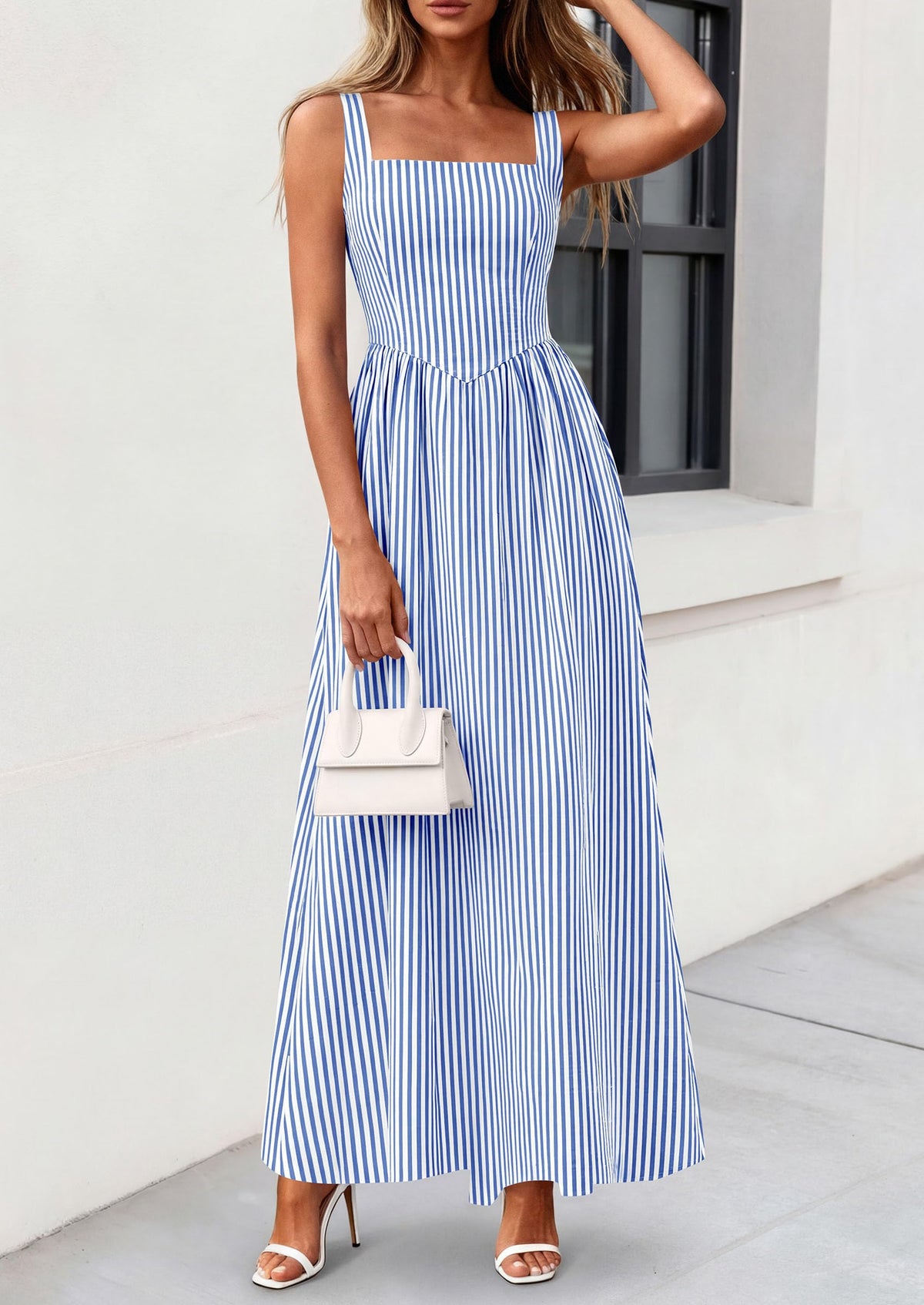 Striped Smocked A-Line Maxi Dress - Sleeveless, Square Neck, photo 45