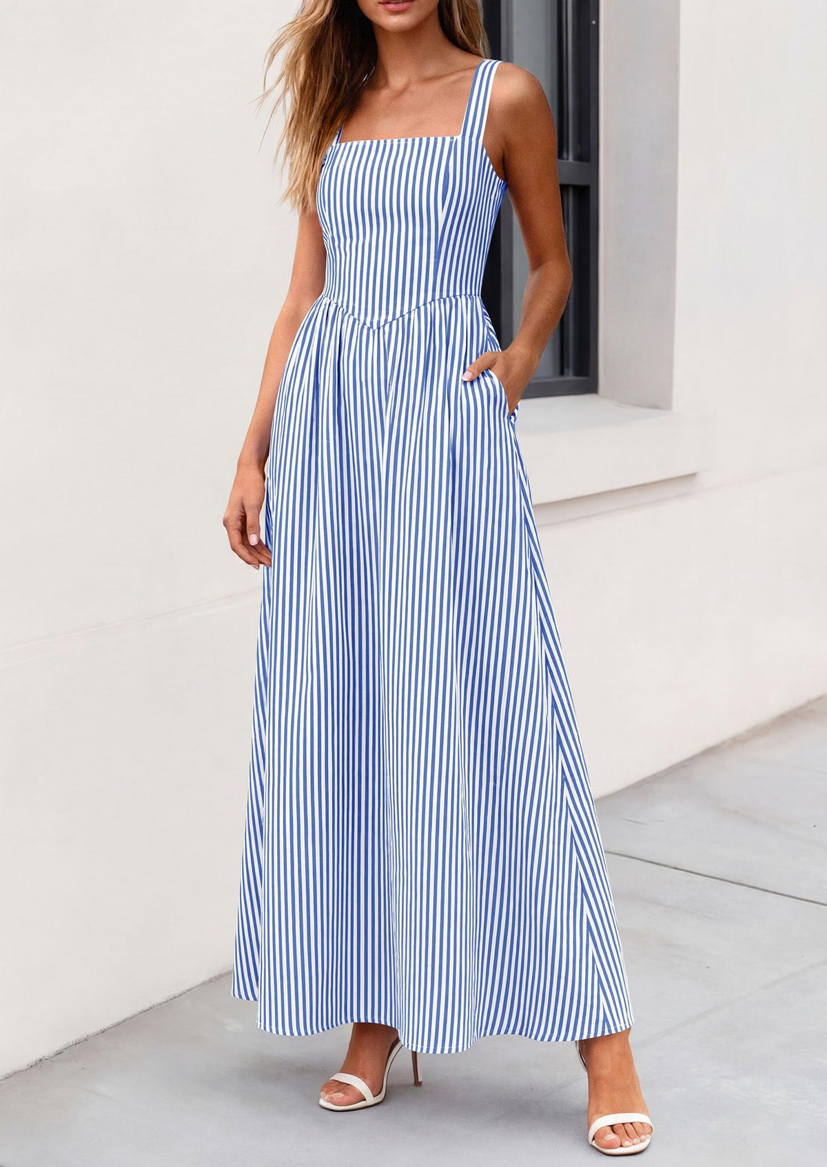 Striped Smocked A-Line Maxi Dress - Sleeveless, Square Neck, photo 44