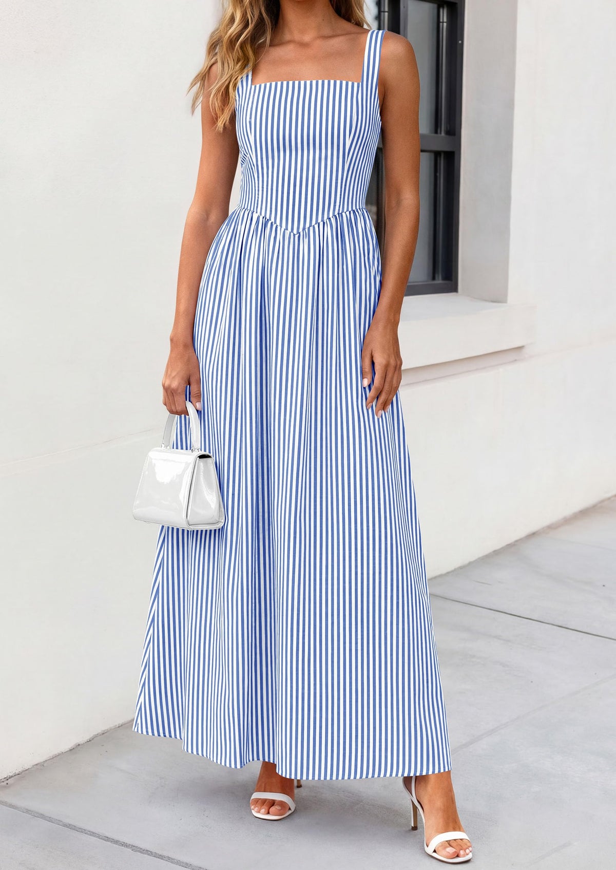 Striped Smocked A-Line Maxi Dress - Sleeveless, Square Neck, photo 43