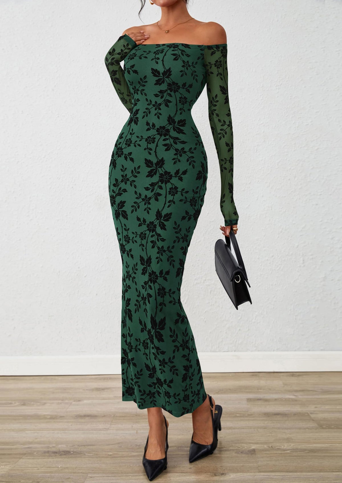 Brown Floral Mesh Bodycon Maxi Dress - Off-Shoulder, Formal - photo 25