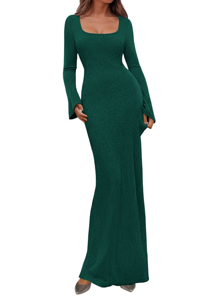 Ribbed Knit Bodycon Mermaid Maxi Dress - Long Sleeve, Square - Photo 31