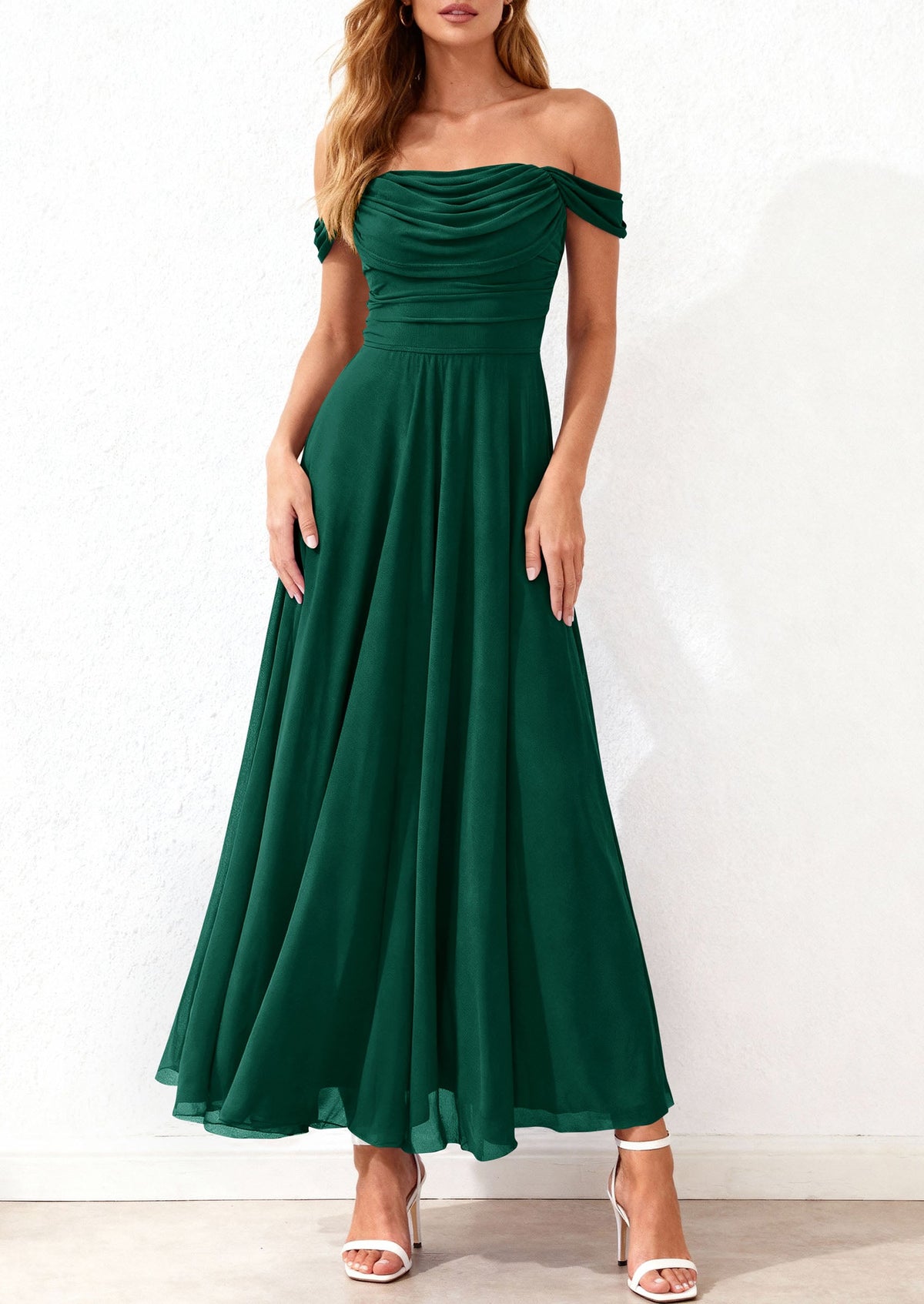 Mesh Swing Ruched Maxi Dress - Off-Shoulder, Cocktail - photo 3