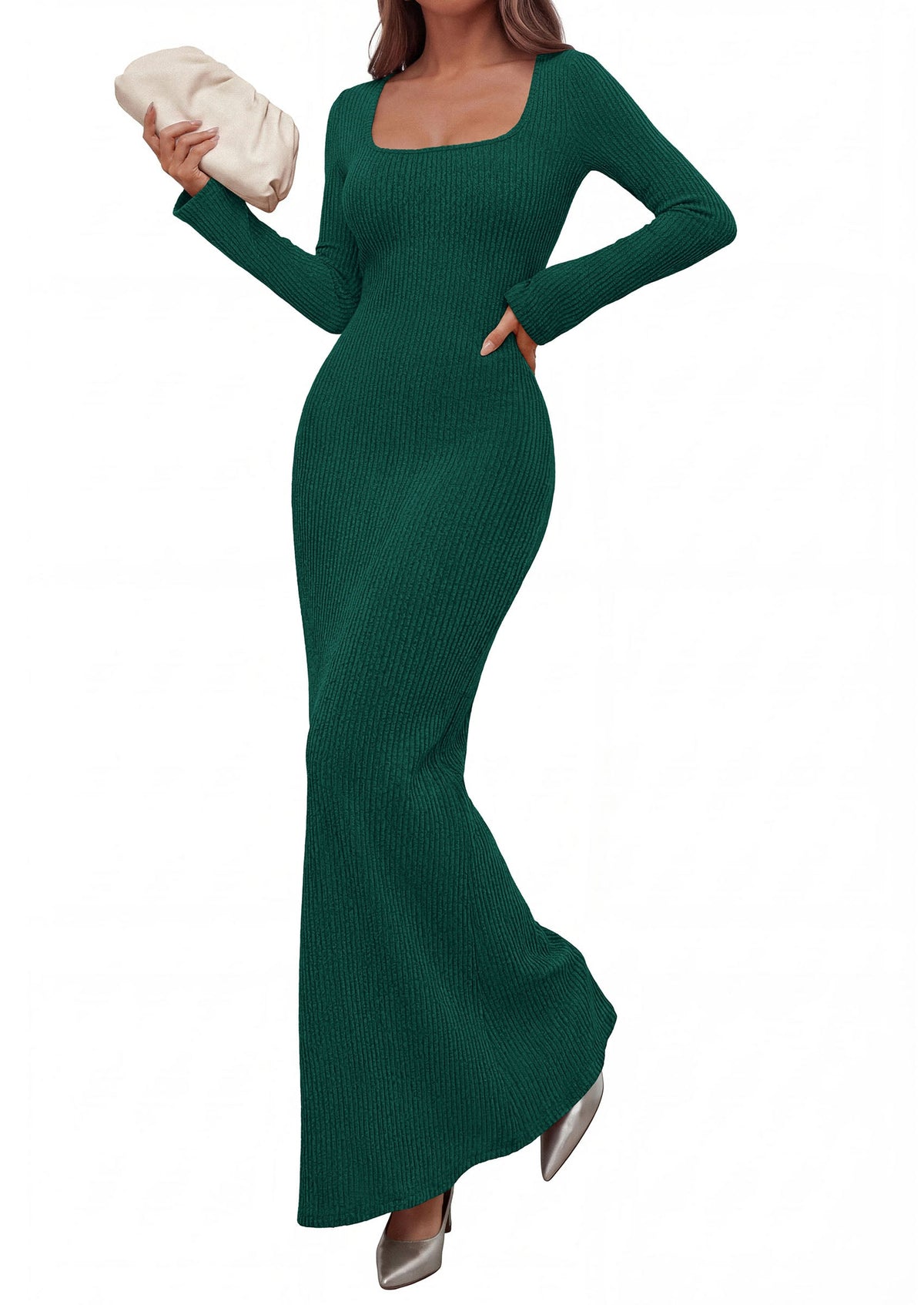 Ribbed Knit Bodycon Mermaid Maxi Dress - Long Sleeve, Square - Photo 32
