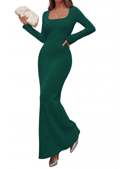 Ribbed Knit Bodycon Mermaid Maxi Dress - Long Sleeve, Square - Photo 32