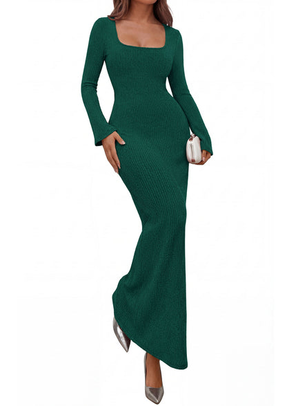 Ribbed Knit Bodycon Mermaid Maxi Dress - Long Sleeve, Square - Photo 33