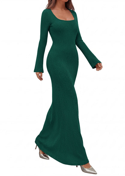 Ribbed Knit Bodycon Mermaid Maxi Dress - Long Sleeve, Square - Photo 34