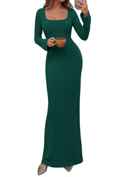 Ribbed Knit Bodycon Mermaid Maxi Dress - Long Sleeve, Square - Photo 35