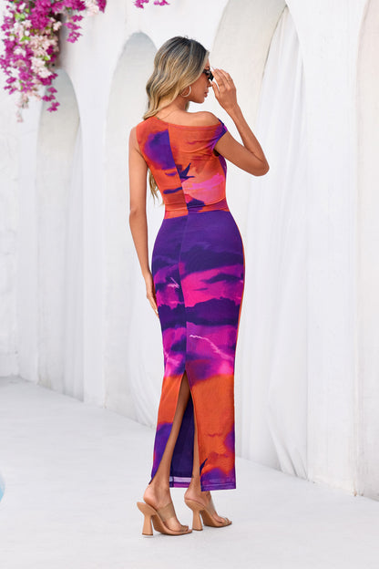 Floral Purple Floral Mesh Bodycon Maxi Dress - One-Shoulder, photo 8