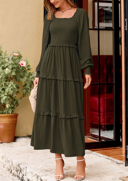 Beige Swiss Dot Smocked Tiered Maxi Dress - Long Sleeve, photo 76
