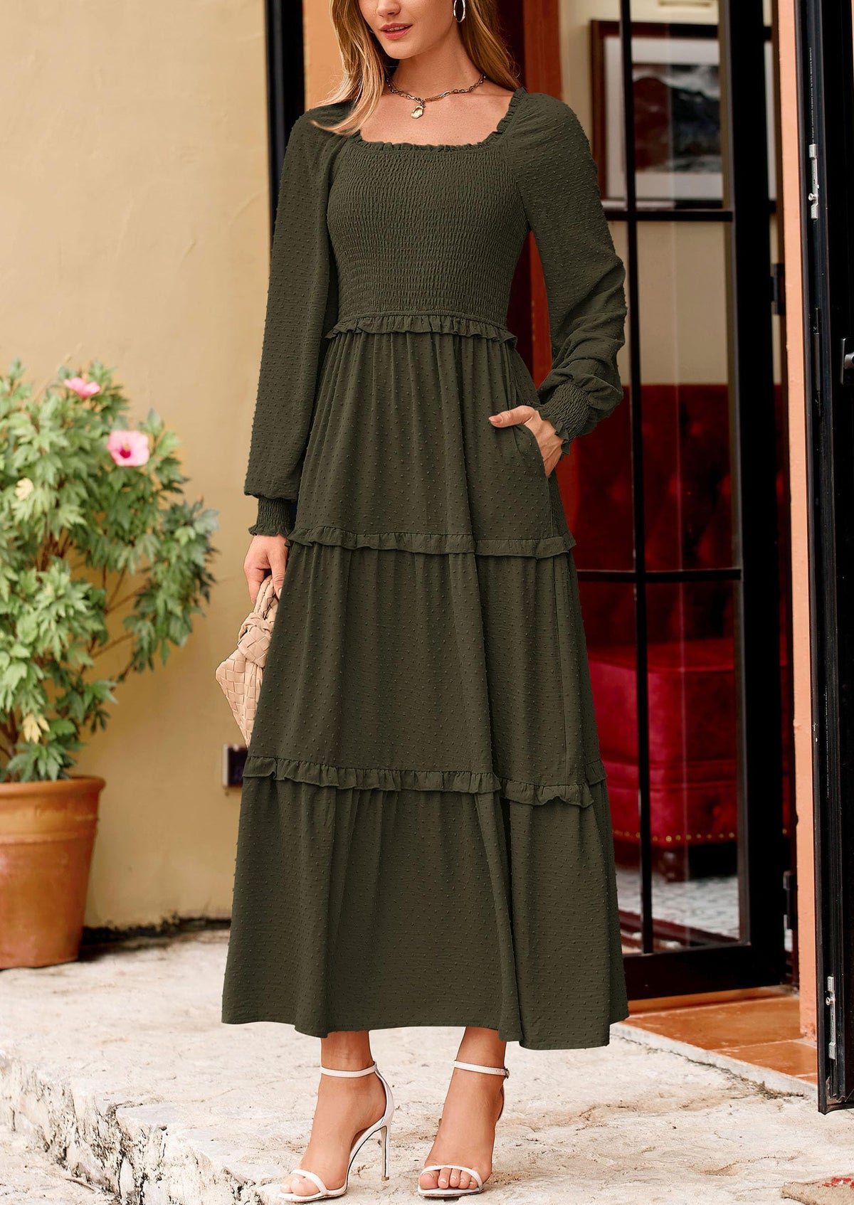 Beige Swiss Dot Smocked Tiered Maxi Dress - Long Sleeve, photo 78