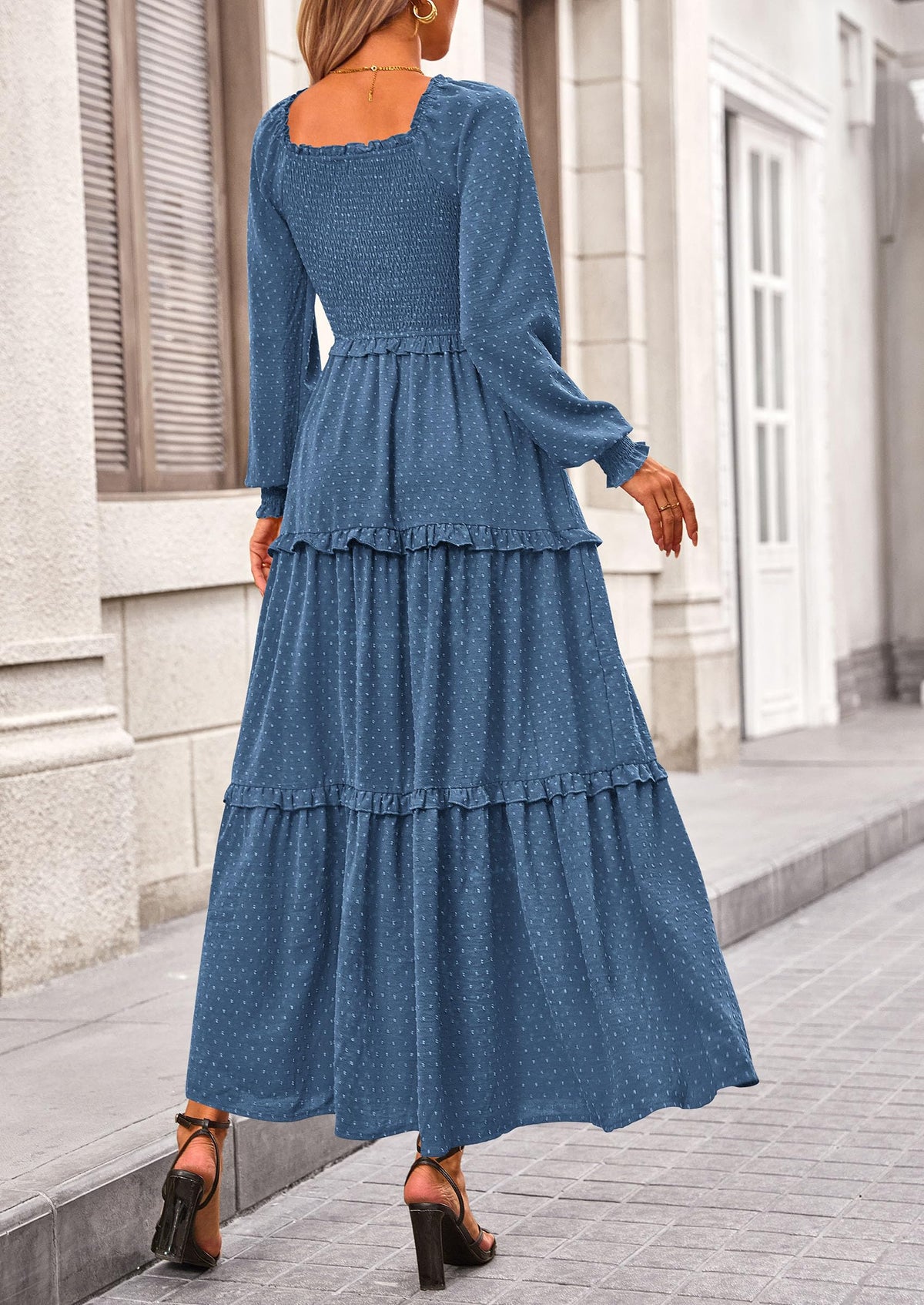 Beige Swiss Dot Smocked Tiered Maxi Dress - Long Sleeve, photo 81