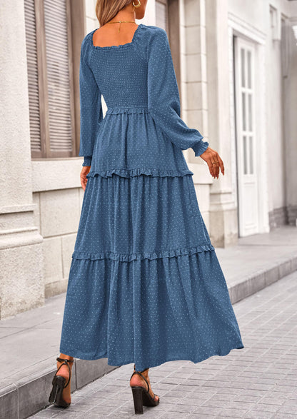 Beige Swiss Dot Smocked Tiered Maxi Dress - Long Sleeve, photo 81