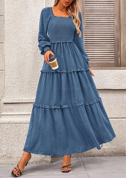 Beige Swiss Dot Smocked Tiered Maxi Dress - Long Sleeve, photo 83