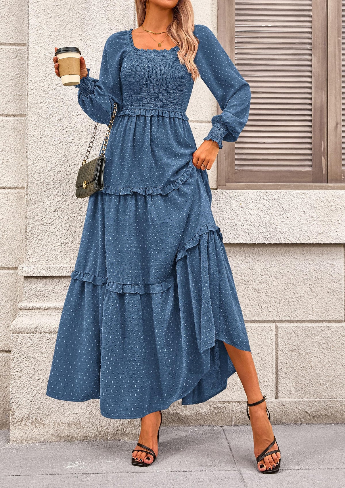 Beige Swiss Dot Smocked Tiered Maxi Dress - Long Sleeve, photo 85