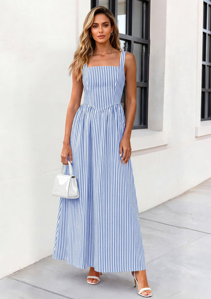 Striped Smocked A-Line Maxi Dress - Sleeveless, Square Neck, photo 42