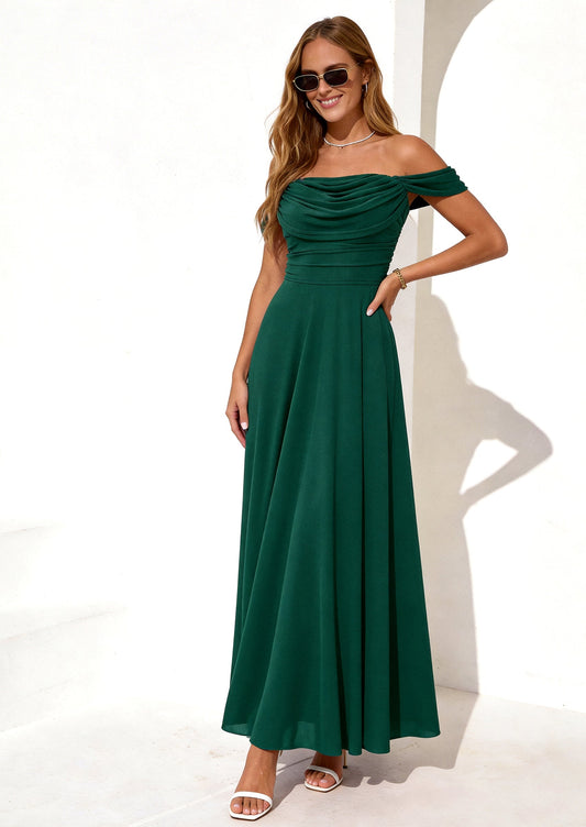 Mesh Swing Ruched Maxi Dress - Off-Shoulder, Cocktail - photo 1